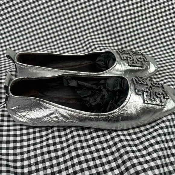 Tory Burch Ines Metallic Leather Ballet Flats Silver Square Toe Womens Size 10 - Picture 6 of 6